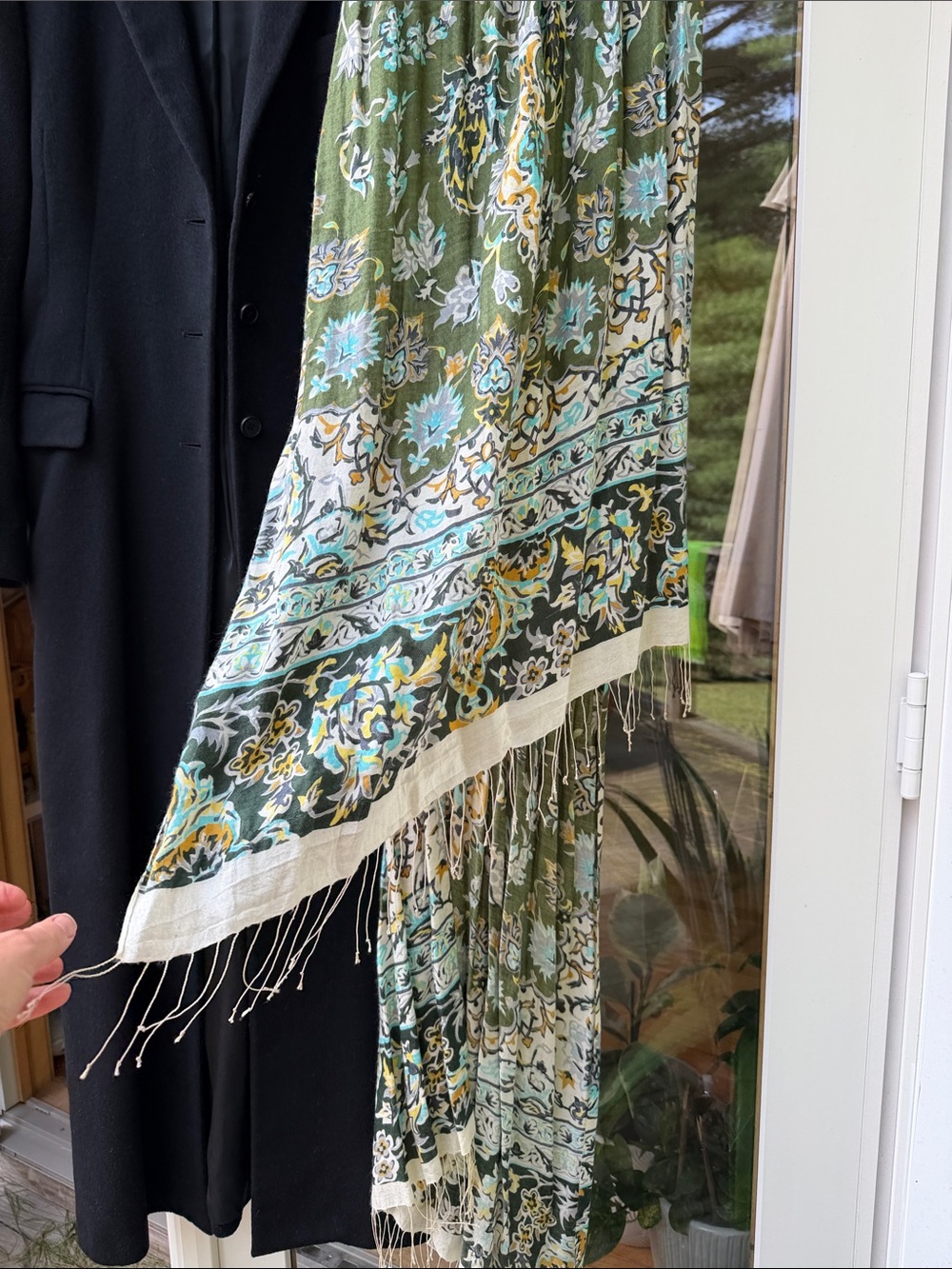 Anthropologie Olive Green Floral Fringe Scarf with Aqua and Cream Accents